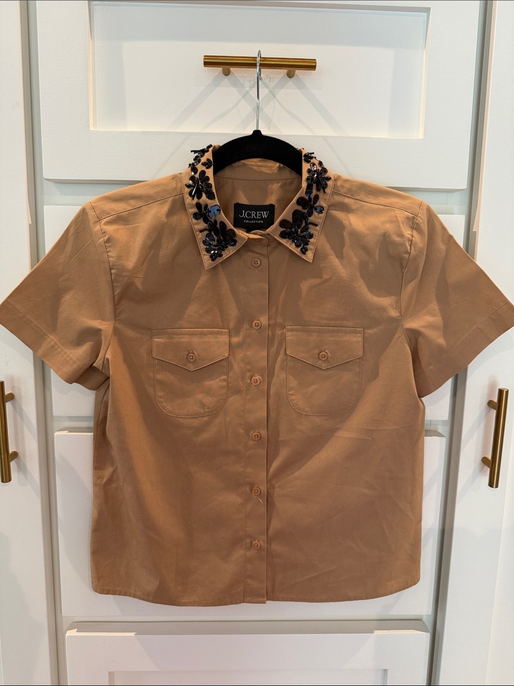 J. Crew Camel Short-Sleeve Button-Down with Black Embellished Collar